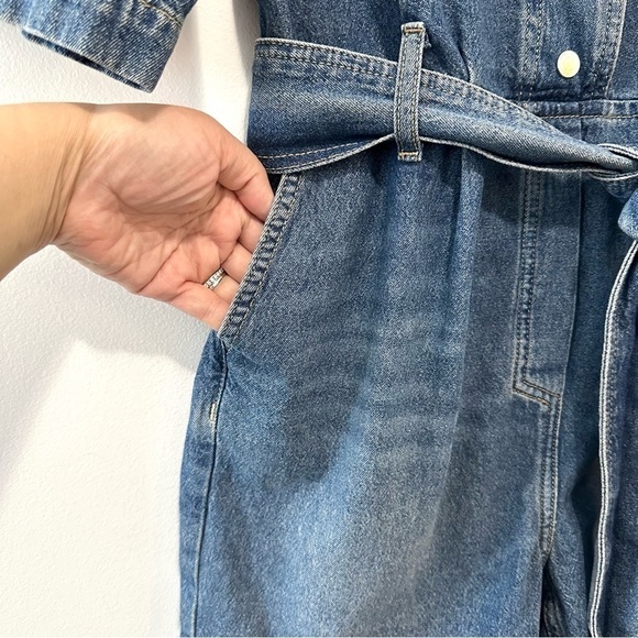 AllSaints Abbey Denim Jumpsuit Short Belted Onesie Romper Blue Sz 4 - Picture 8 of 15
